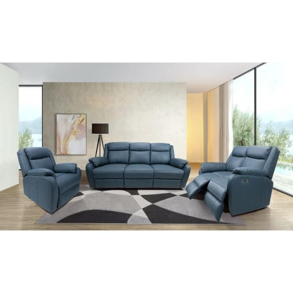 Bella 2 Seater Electric Recliner Genuine Leather Upholstered Lounge - Blue - Image 2