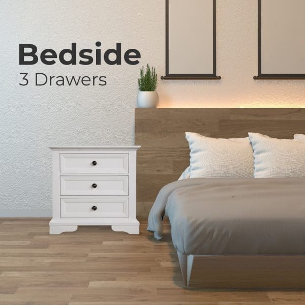 Celosia Bedside Table Set of 2pcs - 3 Drawers Storage Cabinet Nightstand - White - Image 2