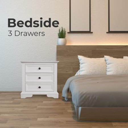 Celosia Bedside Table 3 Drawers Storage Cabinet Nightstand End Tables - White - Image 2
