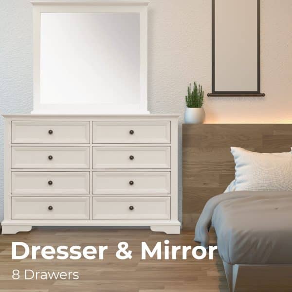 Celosia Dresser Mirror 8 Chest of Drawers Bedroom Timber Storage Cabinet - White - Image 2