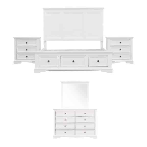 Celosia 5pc Queen Bed Frame Bedroom Suite Bedside Dresser Mirror Package - White