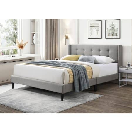 Delilah King Bed Tufted Button Headboard Fabric Upholstered - Light Grey - Image 2