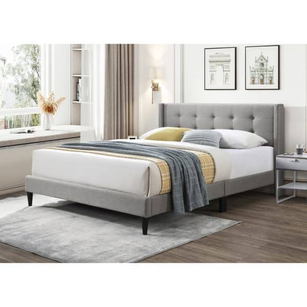 Delilah King Bed Tufted Button Headboard Fabric Upholstered - Light Grey - Image 2
