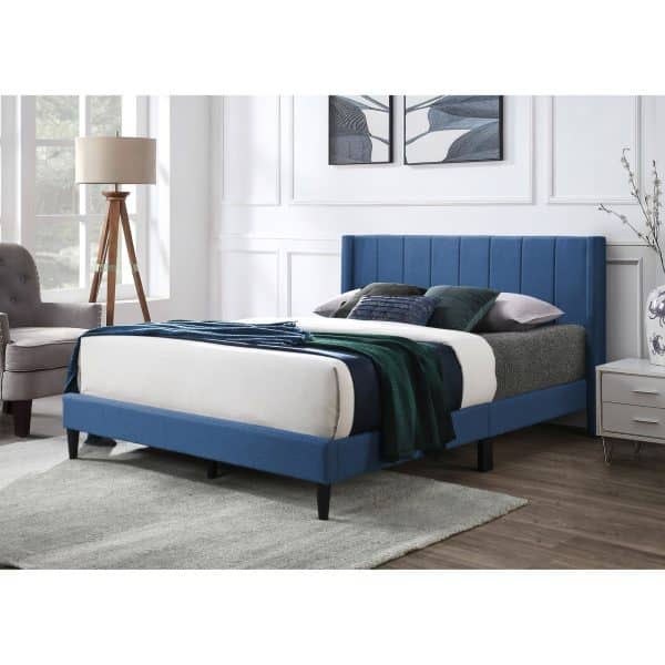 Samson Double Bed Winged Headboard Fabric Upholstered - Blue - Image 2