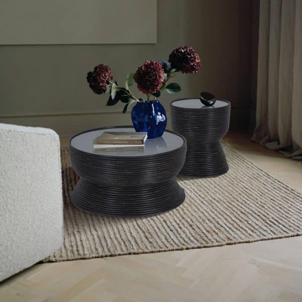 Clover Rattan Round Side Sofa End Table 46cm with Glass Top - Distressed Black - Image 2