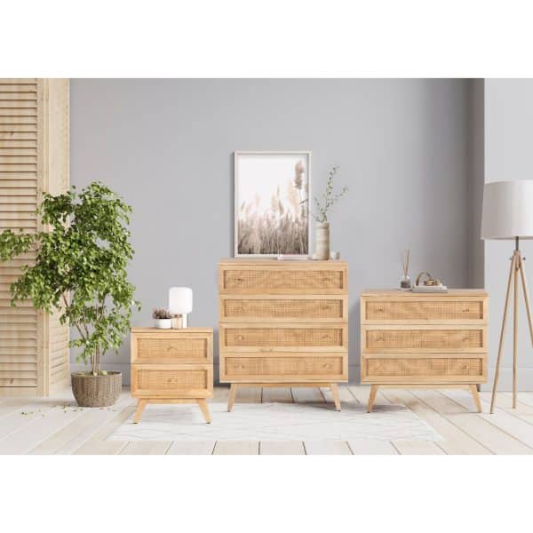Olearia  Bedside Table 2 Drawer Storage Cabinet Solid Mango Wood Rattan Natural - Image 2