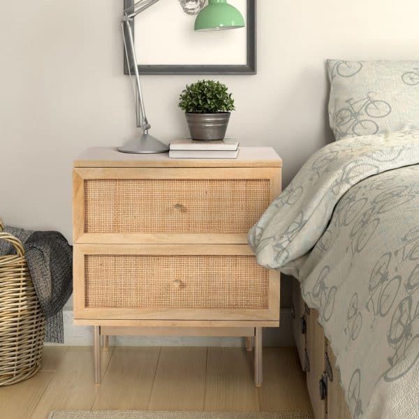 Martina Bedside Table 2 Drawer Storage Cabinet Solid Mango Wood Rattan - Image 2