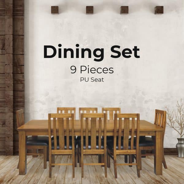 Birdsville 9pc Dining Set 225cm Table 8 PU Seat Chair Solid Mt Ash Wood - Brown - Image 2