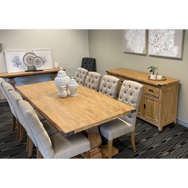 Gloriosa 9pc Dining Set 230cm Table 8 Beige Chair Solid Mango Wood - Honey Wash - Image 2