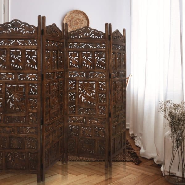 Elephant 4 Panel Room Divider Screen Privacy Shoji Timber Wood Stand - Burnt - Image 2