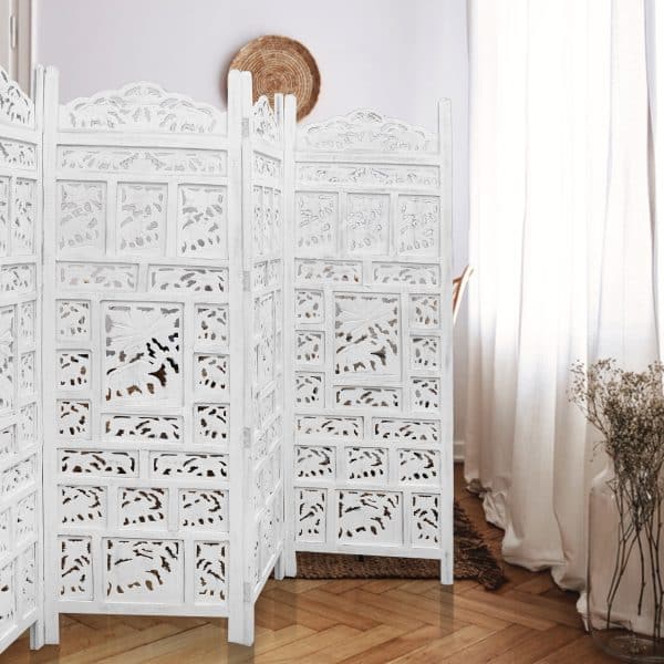 Elephant 4 Panel Room Divider Screen Privacy Shoji Timber Wood Stand - White - Image 2