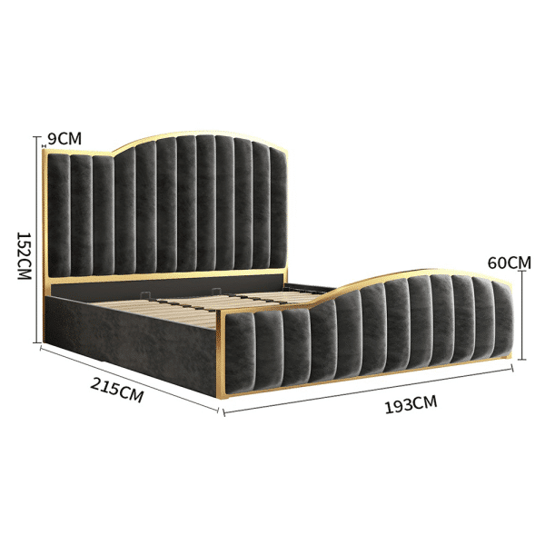 King Size Elegant Luxury Bedframe with Gas Lift Storage Charcoal Velvet Fabric Golden Trim - Image 2