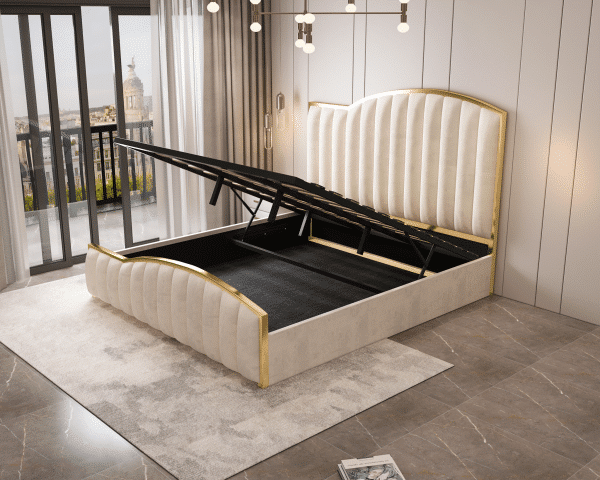 Elegant Luxury King Size Bedframe in Beige with Gas Lift Storage Velvet Fabric Golden Trim - Image 2