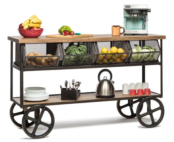 Wooden Kitchen Island Trolley Cart on Wheels with Drawers and 3 Level Storage - Image 2