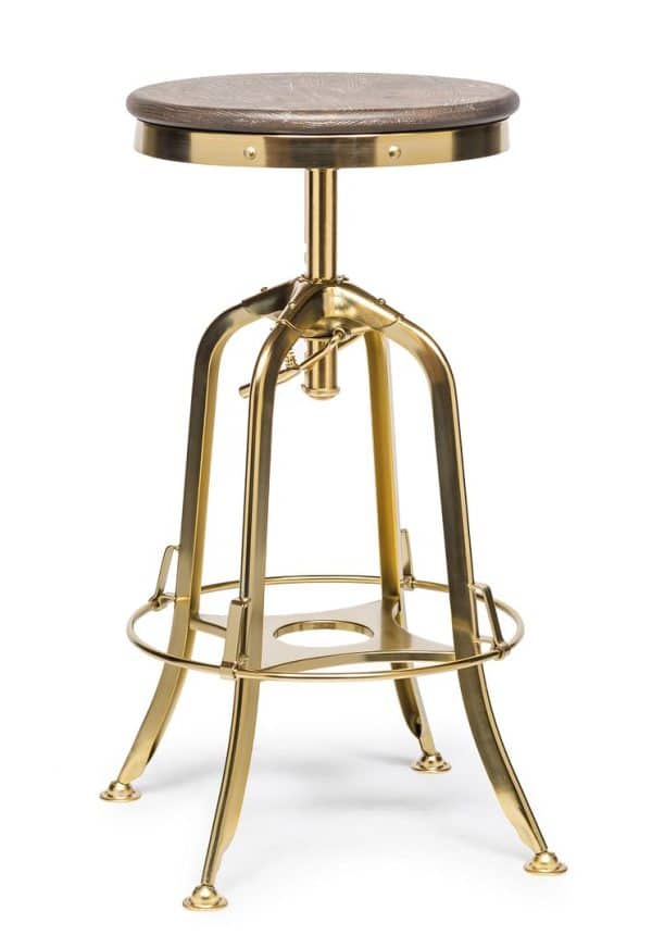 Industrial Height Adjustable Swivel Bar Stool with Oak Wood Top - Gold Finish - Image 2