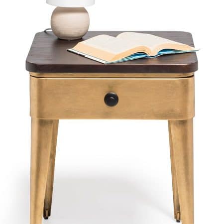 Modern Bedside Table in Brass Finish with Storage Drawer and Wood Top - Image 2