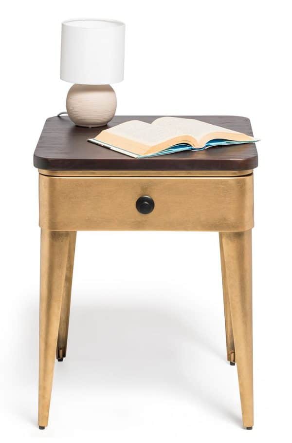 Modern Bedside Table in Brass Finish with Storage Drawer and Wood Top - Image 2