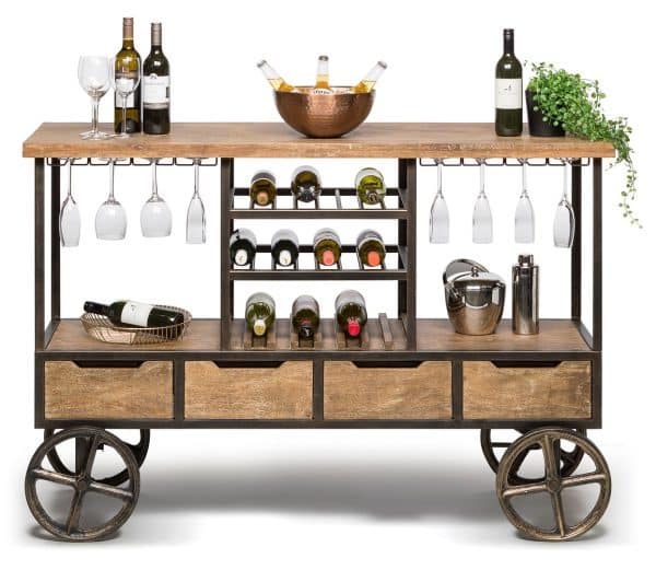 Industrial Style Wooden Bar Cart Drinks Trolley Station with Wine Bottle Rack - Image 2