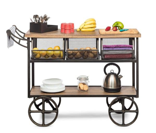 Retro Wooden Kitchen Island Trolley on Wheels with Storage Drawers - Image 2