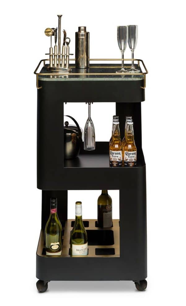 Contemporary Black Gold Drinks Trolley Bar Cart with Marble Top - Image 2