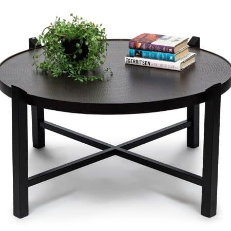 Modern Black Round Coffee Table with Copper Finish Engraved Top - Image 2
