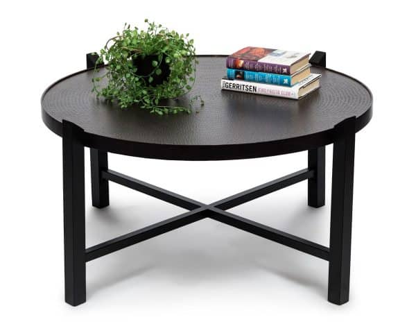 Modern Black Round Coffee Table with Copper Finish Engraved Top - Image 2