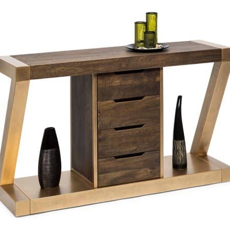 Contemporary Brass Wooden Z-Shaped Hallway Console Table with Drawers