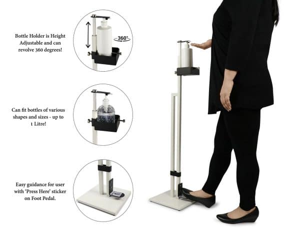 Lirash Touch Free Hand Sanitiser Dispenser Station Floor Stand Foot Operated - White Black - Image 2