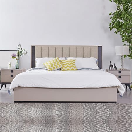 Queen 4 Pcs Bedroom Suite with Tallboy Fabric Upholstery MDF Combination of Champagne and Black Colour - Image 2
