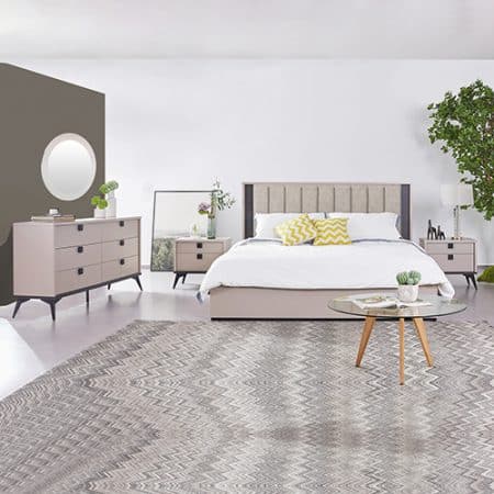 Queen 5 Pcs Bedroom Suite Fabric Upholstery MDF Combination of Champagne and Black Colour - Image 2