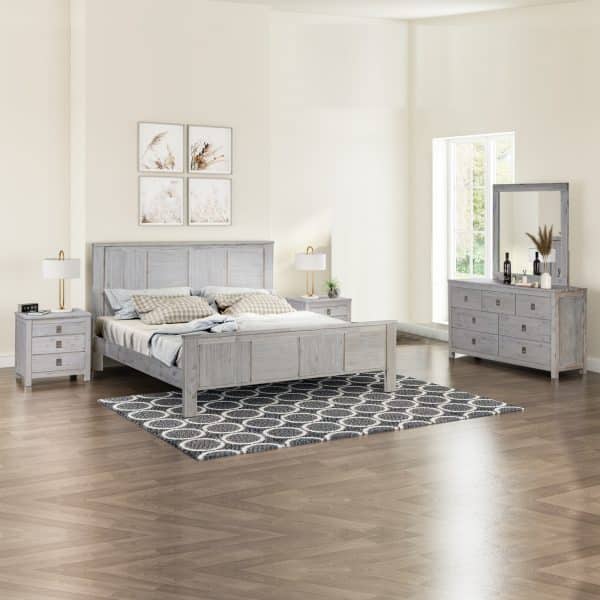 4 Pieces Bedroom Suite with Solid Acacia Wood Veneered Construction in Queen Size White Ash Colour Bed, Bedside Table & Dresser - Image 2