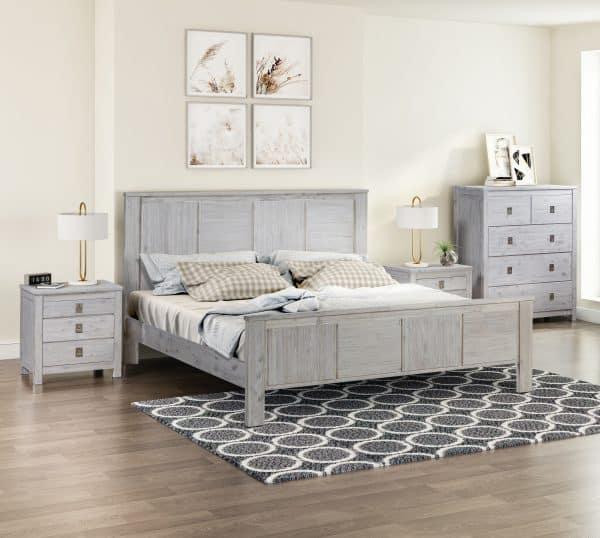 5 Pieces Bedroom Suite with Solid Acacia Wood Veneered Construction in King Size White Ash Colour Bed, Bedside Table , Tallboy & Dresser - Image 2
