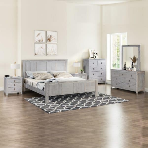 5 Pieces Bedroom Suite with Solid Acacia Wood Veneered Construction in Queen Size White Ash Colour Bed, Bedside Table , Tallboy & Dresser - Image 2