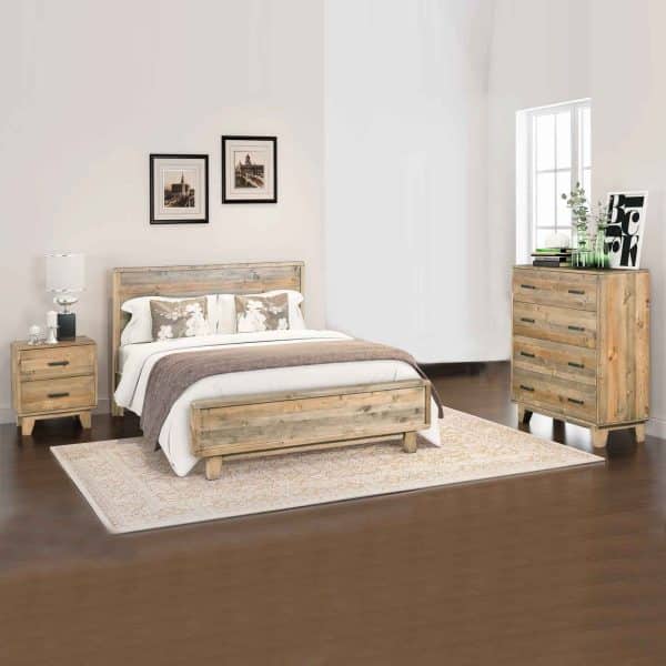 4 Pieces Bedroom Suite King Size in Solid Wood Antique Design Light Brown Bed, Bedside Table & Tallboy - Image 2