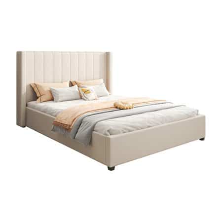 Alexa Queen Size High Rise Headboard Linen Beige Fabric Four MDF Drawers with Wheels Bed Frame - Image 2