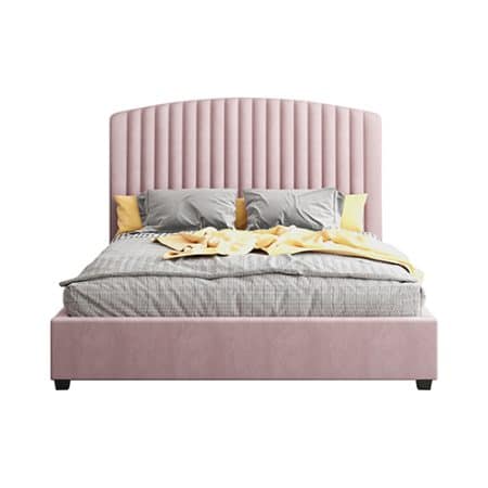Camelia Double Size Bed Frame Pink Velvet Upholstery High Headboard Quality Slats Metal Structure - Image 2
