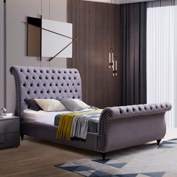 Queen Size Sleigh Bedframe Velvet Upholstery Grey Colour Tufted Headboard And Footboard Deep Quilting - Image 2