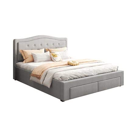 Emily Bed Frame Queen Size Velvet Fabric Grey Four MDF Drawers with Wheels - Image 2