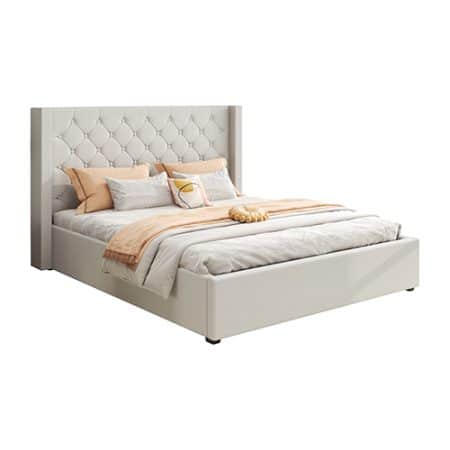 Veronica Bed Frame King Size Winged Grey Linen Fabric Seam Grid Pattern with gas lift plywood metal structure - Image 2