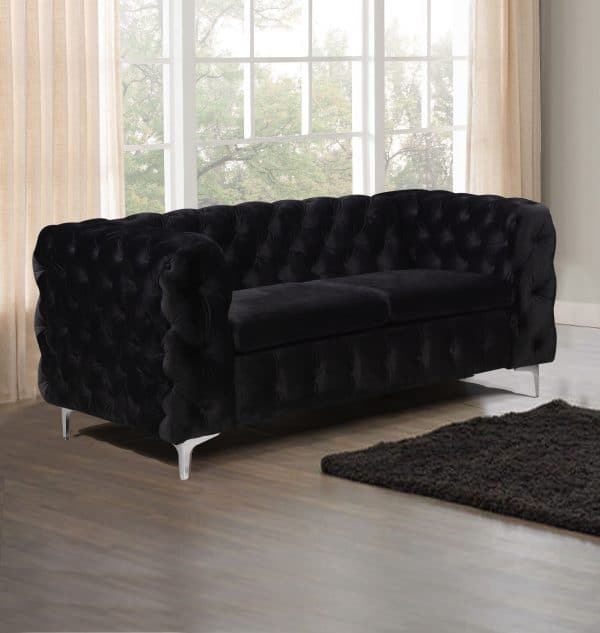 2 Seater Sofa Classic Button Tufted Lounge in Black Velvet Fabric with Metal Legs - Image 2