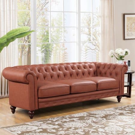 3 Seater Brown Sofa Lounge Button Tufted in Faux Leather - Image 2