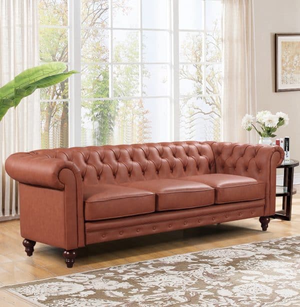 3 Seater Brown Sofa Lounge Button Tufted in Faux Leather - Image 2