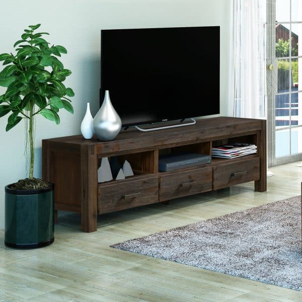 TV Cabinet with 3 Storage Drawers with Shelf Solid Acacia Wooden Frame Entertainment Unit in Chocolate Colour - Image 2