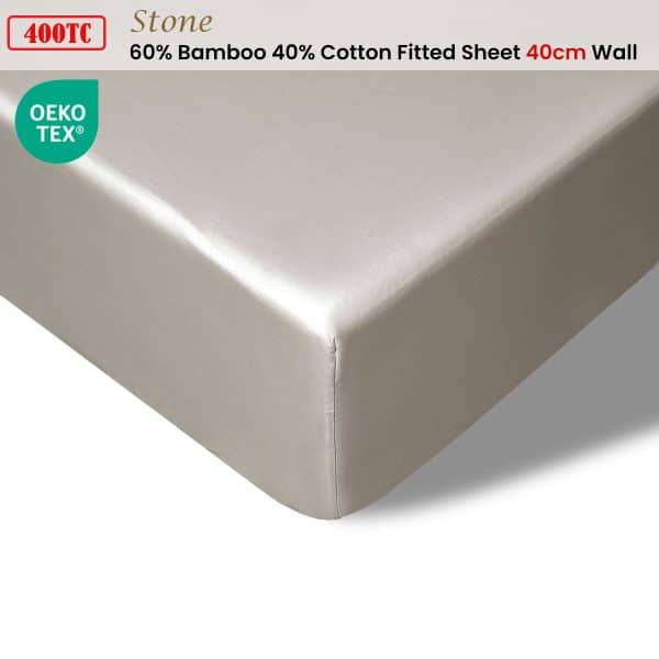 Accessorize 400TC Stone Bamboo Cotton Fitted Sheet 40cm Wall Double - Image 2