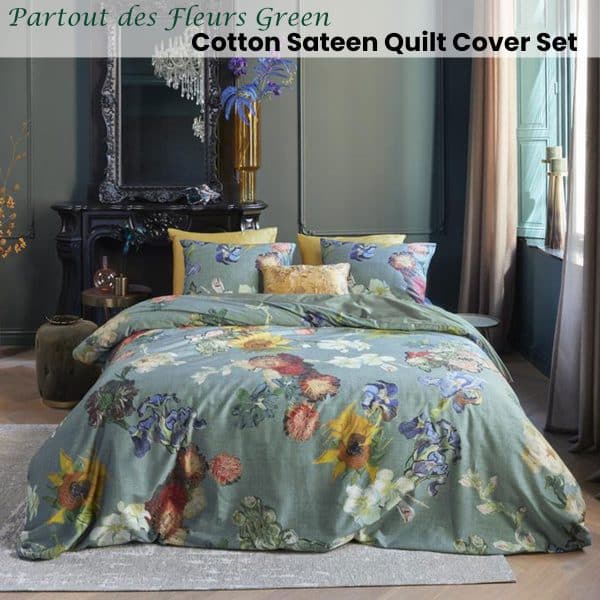 Bedding House Van Gogh Partout des Fleurs Green Cotton Sateen Quilt Cover Set Queen - Image 2
