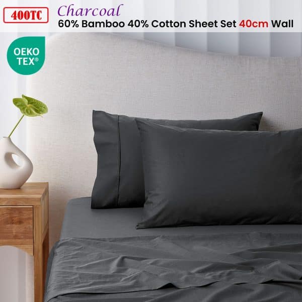 Accessorize 400TC Charcoal Bamboo Cotton Sheet Set 40cm Wall Double - Image 2