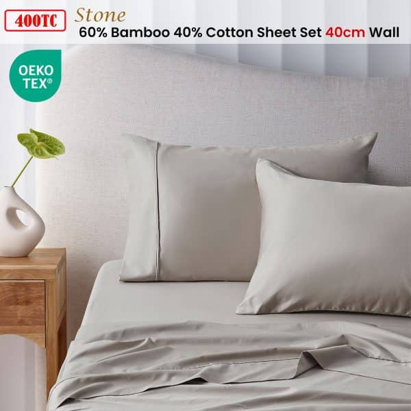 Accessorize 400TC Stone Bamboo Cotton Sheet Set 40cm Wall Double - Image 2
