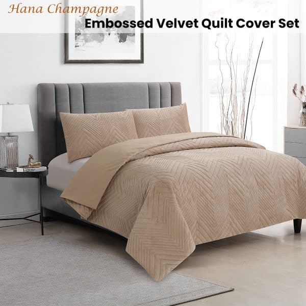 Ardor Hana Champagne Embossed Velvet Quilt Cover Set Queen - Image 2