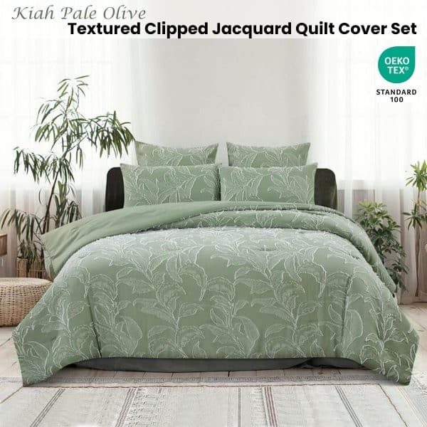 Ardor Kiah Pale Olive Textured Clipped Jacquard Quilt Cover Set Queen - Image 2