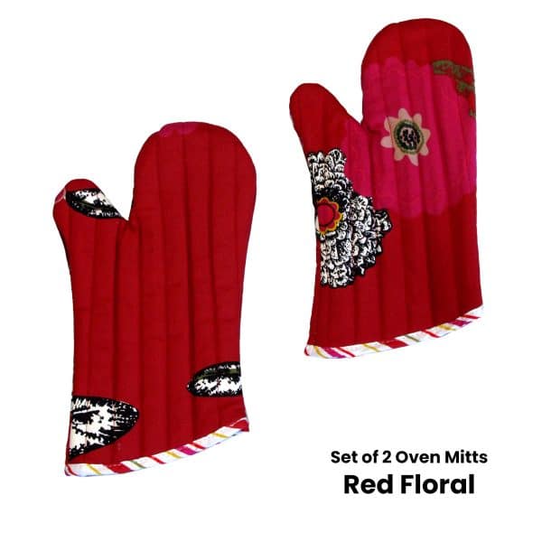 Set of 2 100% Cotton Printed Oven Mitts 34 x 15 cm Red Floral - Image 2